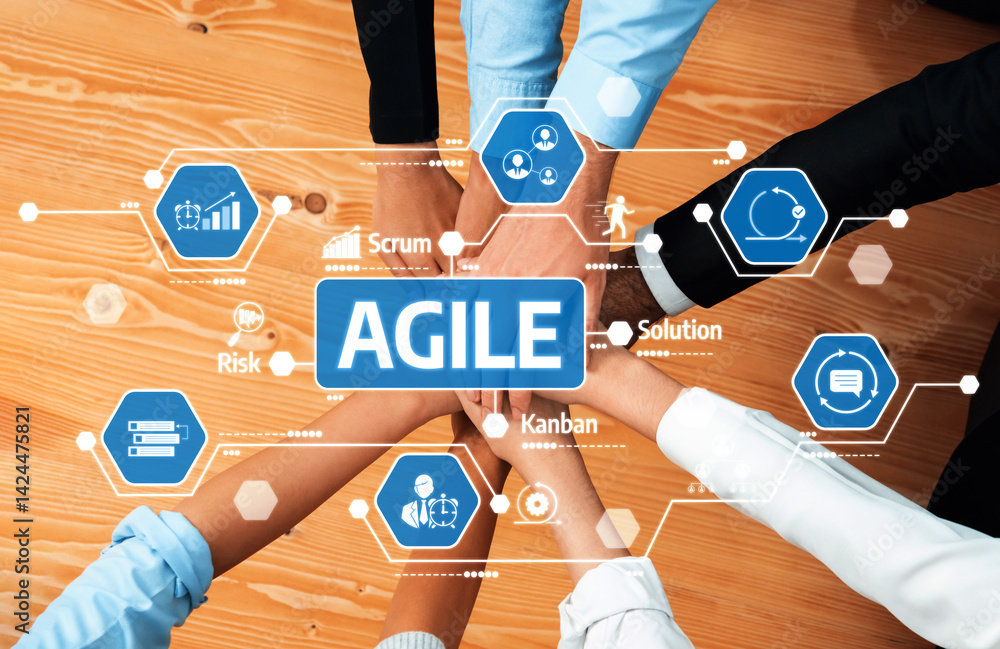 A visual representation of teamwork and agile methodology featuring hands joining together over a wooden surface, illustrating collaboration, strategy, and effective solutions. Amity