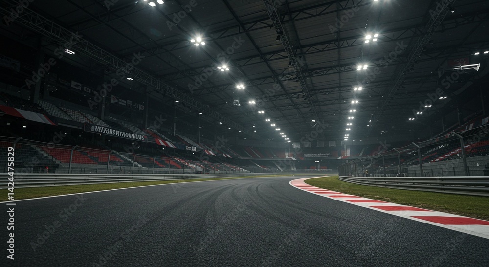 Empty race track with grandstand seating under stadium lights. Motorsport venue for speed racing event. Sports background with asphalt track and viewing area.