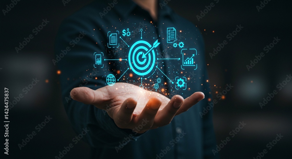 Man displaying digital target with icons in hand, concept of business planning, goal setting, strategy, and online marketing for digital transformation