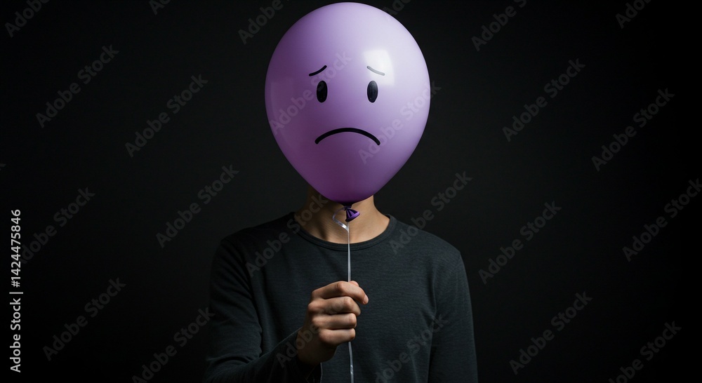 Sadness and depression concept with a purple balloon covering a hidden man's face. Isolation and mental health awareness portrayed in a dark studio setting.