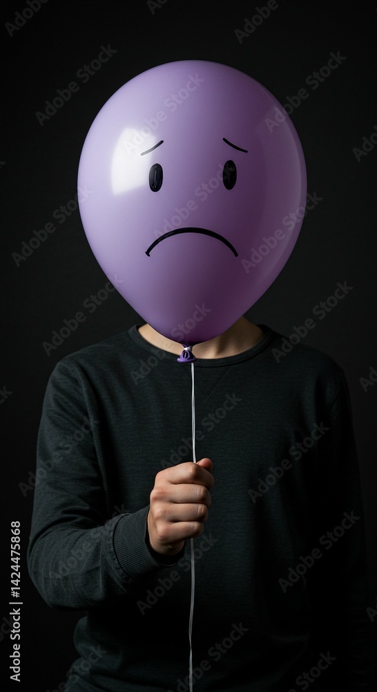 Man holding a purple balloon with a sad face drawn on it, illustrating concept of sadness, depression, and negative emotion or feeling for mental health awareness month