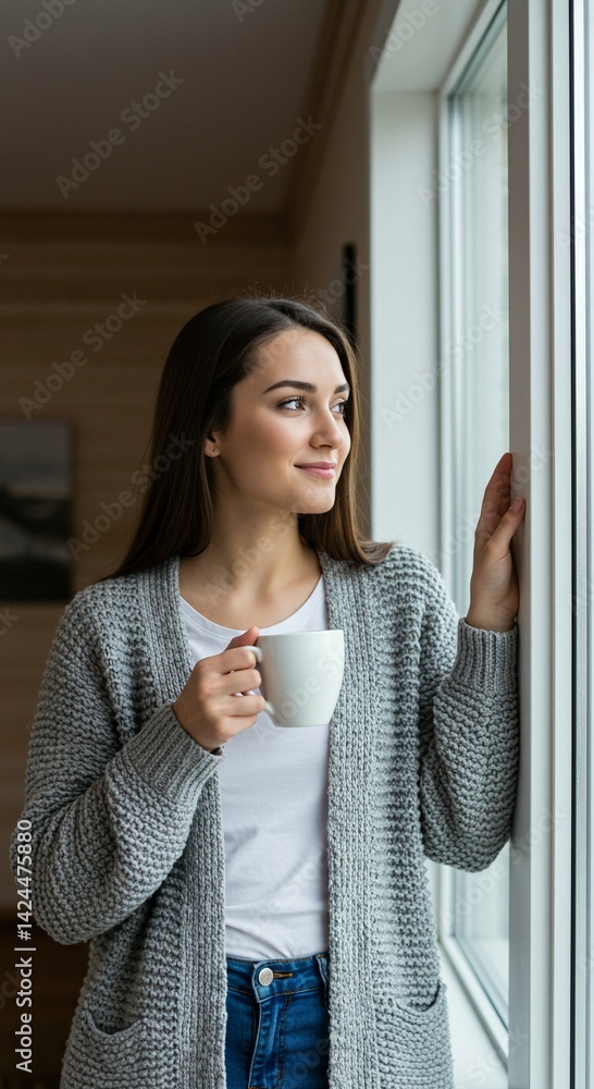 Happy casual caucasian woman looking out window drinking hot beverage. Brunette girl relaxing and enjoying drink at home. Cozy lifestyle and contemplation concept.