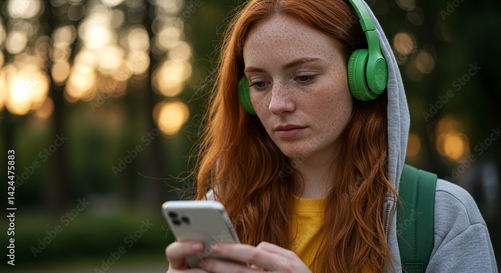Redhead woman with green headphone browsing internet on phone outdoor. Student girl with backpack listening music on head set in park. Mobile technology concept.