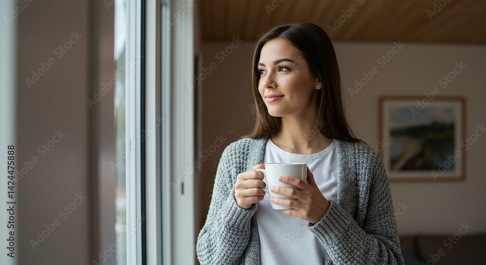Young caucasian woman in a cozy sweater holds a white mug looking out a window. Relaxing at home concept.