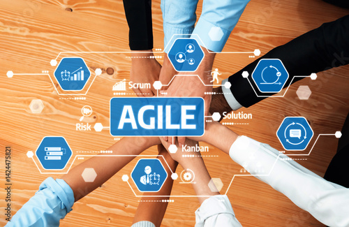 Obraz na płótnie A visual representation of teamwork and agile methodology featuring hands joining together over a wooden surface, illustrating collaboration, strategy, and effective solutions. Amity w salonie