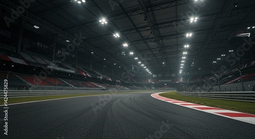 Obraz na płótnie Empty race track with grandstand seating under stadium lights. Motorsport venue for speed racing event. Sports background with asphalt track and viewing area. w salonie