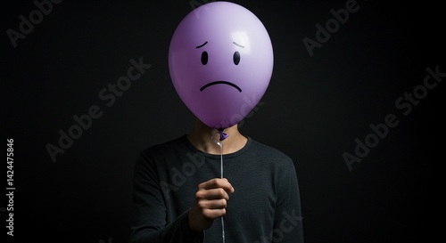 Obraz na płótnie Sadness and depression concept with a purple balloon covering a hidden man's face. Isolation and mental health awareness portrayed in a dark studio setting. w salonie