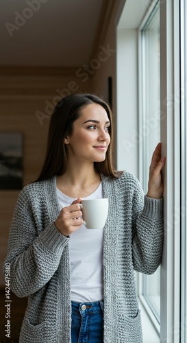 Obraz na płótnie Happy casual caucasian woman looking out window drinking hot beverage. Brunette girl relaxing and enjoying drink at home. Cozy lifestyle and contemplation concept. w salonie