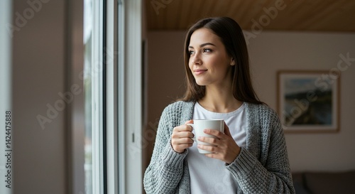 Obraz na płótnie Young caucasian woman in a cozy sweater holds a white mug looking out a window. Relaxing at home concept. w salonie