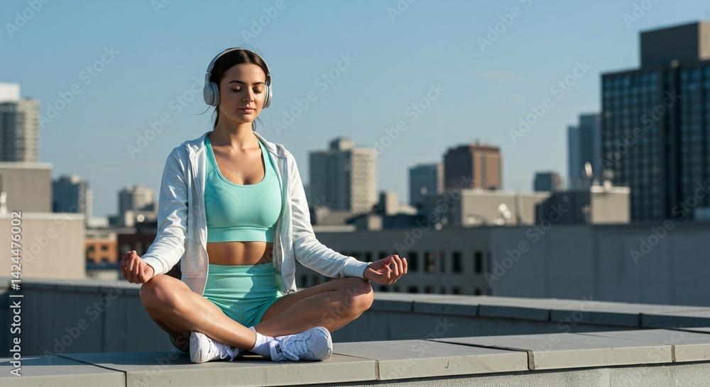 Woman meditades on rooftop listening to music. Peaceful urban exercise. Mental health and wellness concept with cityscape background for yoga and fitness illustration