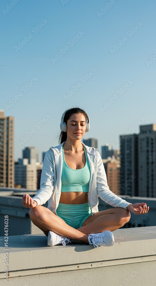 Young woman meditating on rooftop wearing headphone. Serene woman doing yoga outdoors for relaxation and mindful living. Mental wellness in urban city landscape.