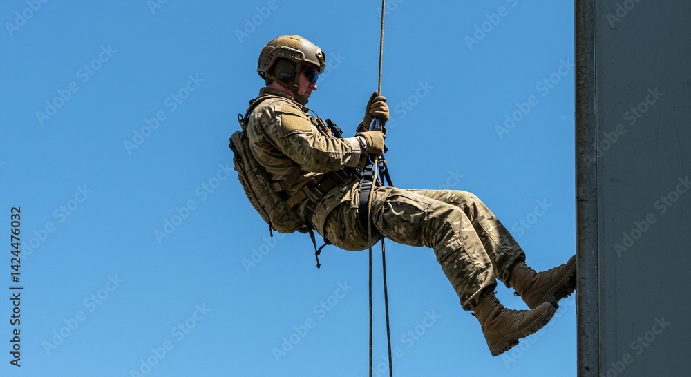Man rappelling down side of building during training exercise. Expert climber descending on rope. Military and defense concept during daytime action.