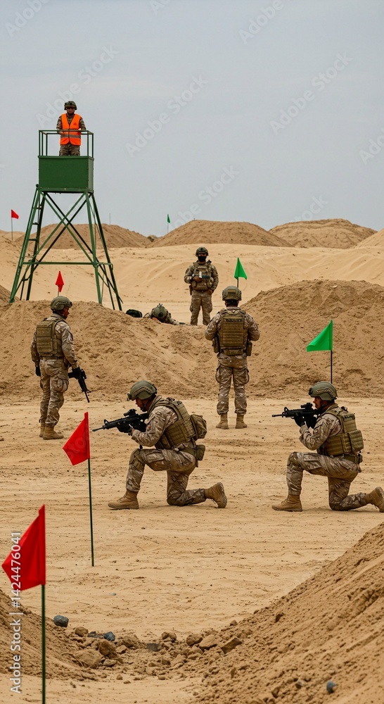 Men soldiers practice shooting on dusty field range during military training exercise under supervision on tower in sandy landscape area