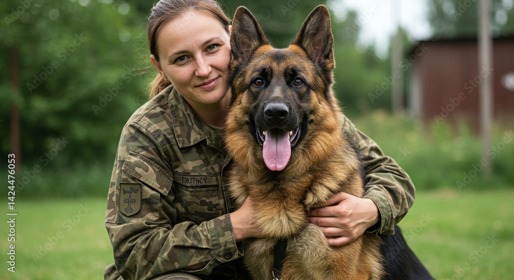 Woman in military uniform hugs her german shepherd dog outdoors, showcasing the loyal bond between a soldier and their K9 partner in a training or duty concept.