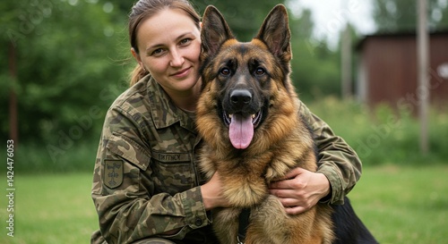 Obraz na płótnie Woman in military uniform hugs her german shepherd dog outdoors, showcasing the loyal bond between a soldier and their K9 partner in a training or duty concept. w salonie