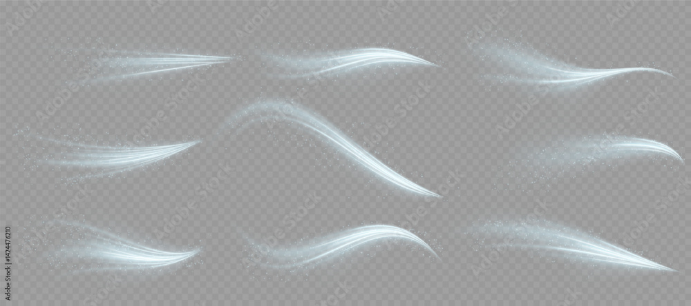 Obraz premium Neon drill line swirls in sci-fi light tunnel. Cold winter wave spreads gently in airy formation. Snow gust effect floats across transparent Christmas scene. Blue glow mimics conditioner air stream