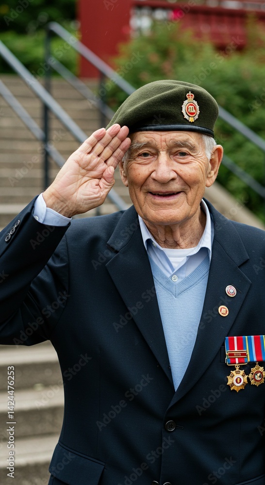 Elderly man in military uniform and badge saluting outdoors. Commemorating soldier veteran for veterans day, memorial day. Honoring war hero and patriotism concept.