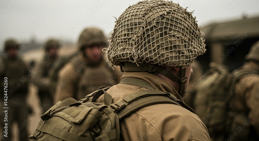 Close up of a man from behind in a military helmet and tactical vest looking ahead with other soldiers blurred in the background, concept of war and protection for banner usage.