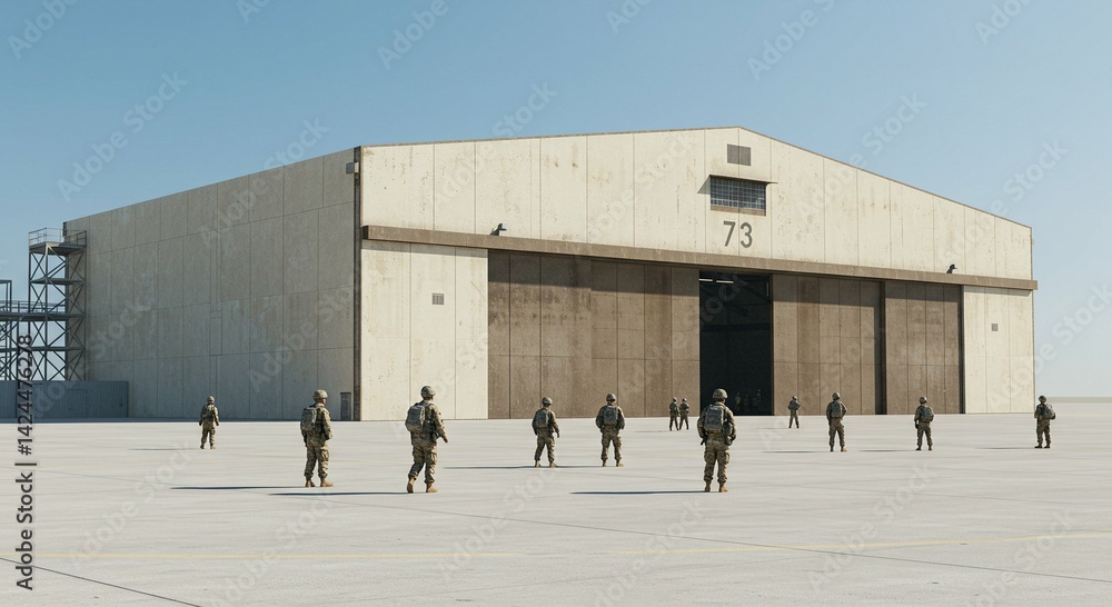 Group of men standing on airfield near aircraft hangar with big door. Military personnel awaiting orders on concrete tarmac before mission, defense concept
