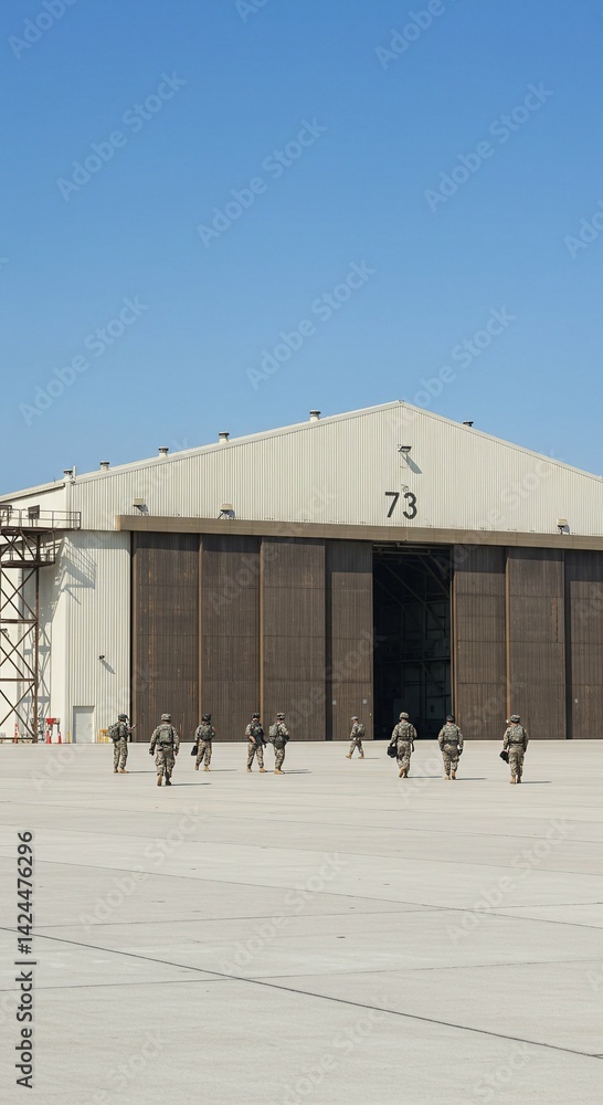 Group of men wearing uniform walking towards large metal hangar building on sunny day outdoors. Military training and team work concept or military background.
