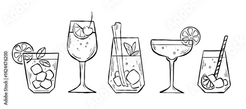 Set of five hand-drawn sketches with different types of cocktails. Vector line art for menu, recipe, web banner, or print. Mocktails collection with fruits and ice isolated on white background.