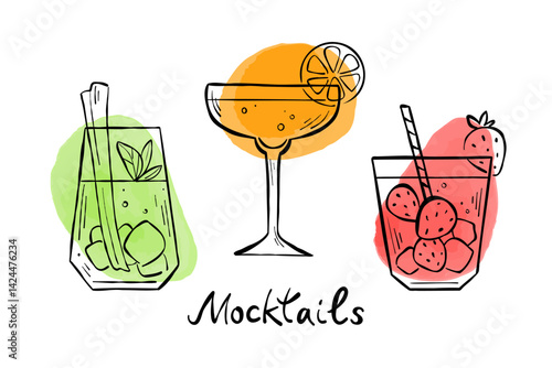 Set of different glasses variations of drinks, mocktails, cocktails in sketch style. Vector line illustrations with hand lettering. Cartoon drawings of cold beverages with citrus and strawberries.