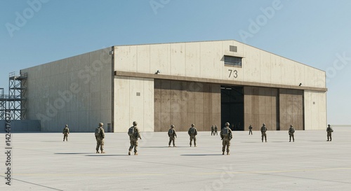Obraz na płótnie Group of men standing on airfield near aircraft hangar with big door. Military personnel awaiting orders on concrete tarmac before mission, defense concept w salonie