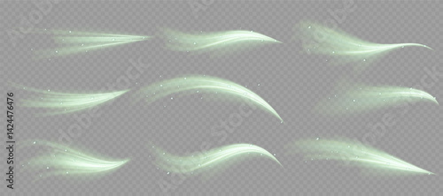 Neon drill line swirls in sci-fi light tunnel. Cold winter wave spreads gently in airy formation. Snow gust effect floats across transparent Christmas scene. Blue glow mimics conditioner air stream
