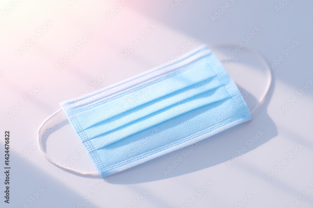 pair of simple surgical masks lying symmetrically on white table representing preventive measures pair of simple surgical masks lying symmetrically on white table representing preventive measures