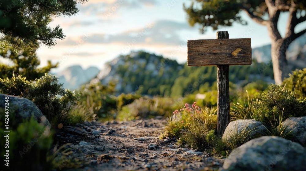 Wooden signpost with an arrow pointing to the right on a rocky trail in a mountainous area. the signpost is made of wood and is attached to a wooden post. Wooden signpost with an arrow pointing to the right on a rocky trail in a mountainous area. the signpost is made of wood and is attached to a wooden post.