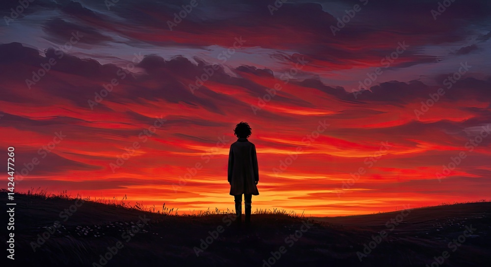 Fototapeta premium Lonely Figure Silhouette on Hill Under Glowing Red Sunset Sky Ablaze Twilight Gradient Landscape