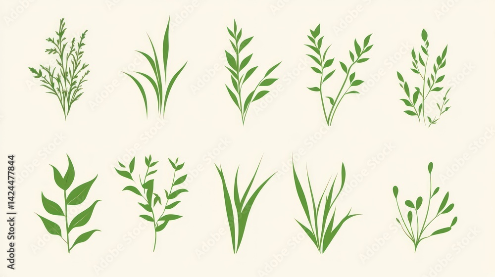 Green plant silhouettes, nature background, design elements, illustration Green plant silhouettes, nature background, design elements, illustration