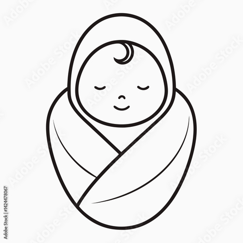 Sleeping Newborn Baby Swaddled in Blanket Line Art Illustration