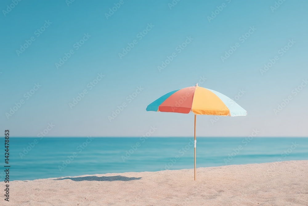 tranquil beach scene with single colorful beach umbrella against clear blue sky tranquil beach scene with single colorful beach umbrella against clear blue sky