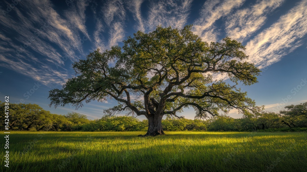 Fototapeta premium Majestic oak tree in a field under a dramatic sky. Ideal for nature, landscape, and outdoor themes