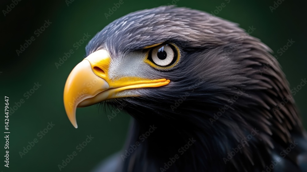 Obraz premium Majestic eagle portrait featuring a detailed yellow beak and intense gaze against a dark green backdrop.