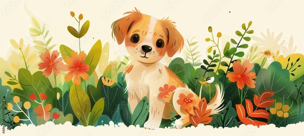 Charming and Playful Puppy Illustration in Vibrant Garden for Pet Care Brand Promotions
