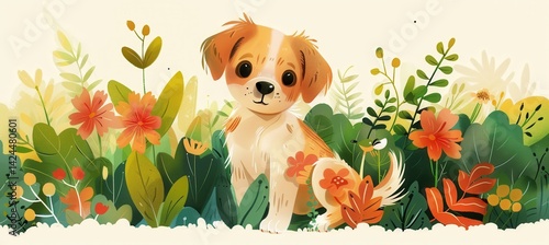 Obraz na płótnie Charming and Playful Puppy Illustration in Vibrant Garden for Pet Care Brand Promotions w salonie
