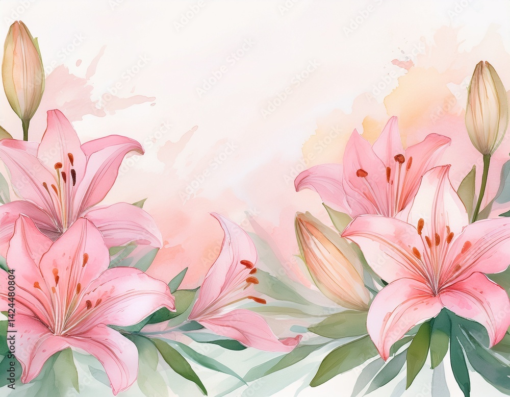 a gentle and dreamy watercolor illustration series featuring soft pink lilies arranged along the bottom edge of the image pastel tones with airy brush strokes and fresh green leaves a gentle and dreamy watercolor illustration series featuring soft pink lilies arranged along the bottom edge of the image pastel tones with airy brush strokes and fresh green leaves