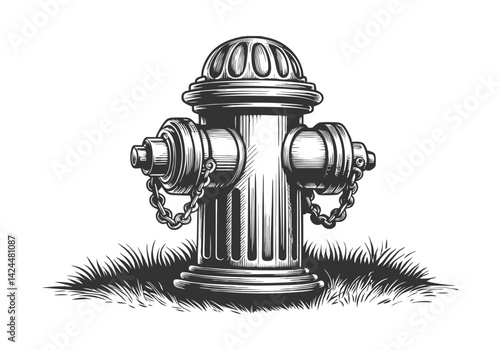 : Vintage black and white woodcut illustration of a fire hydrant with chains and textured urban design
