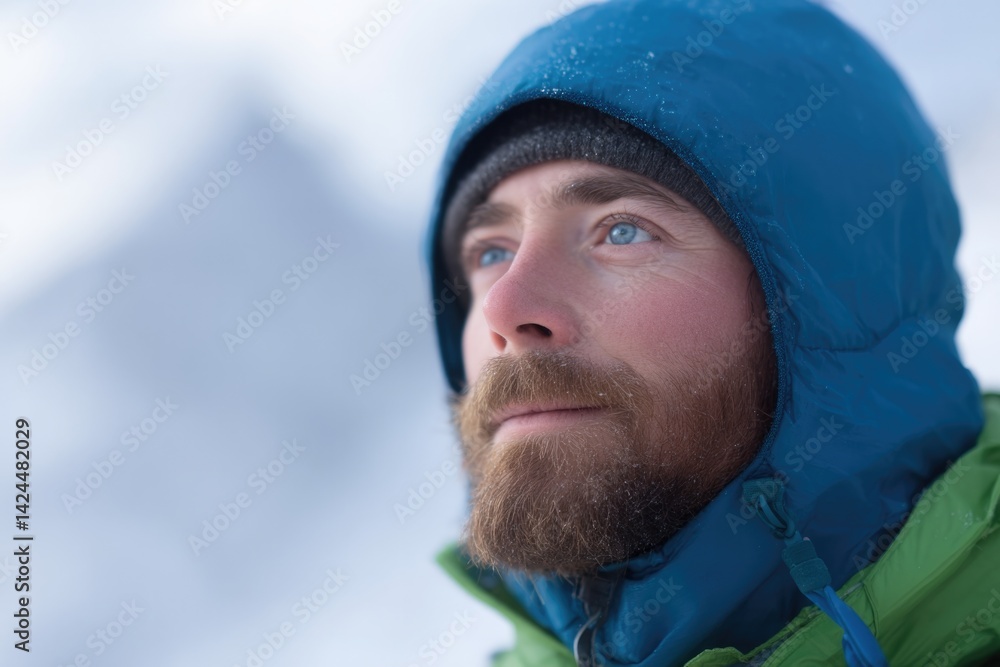 portrait of climber with mountains blurred in background portrait of climber with mountains blurred in background