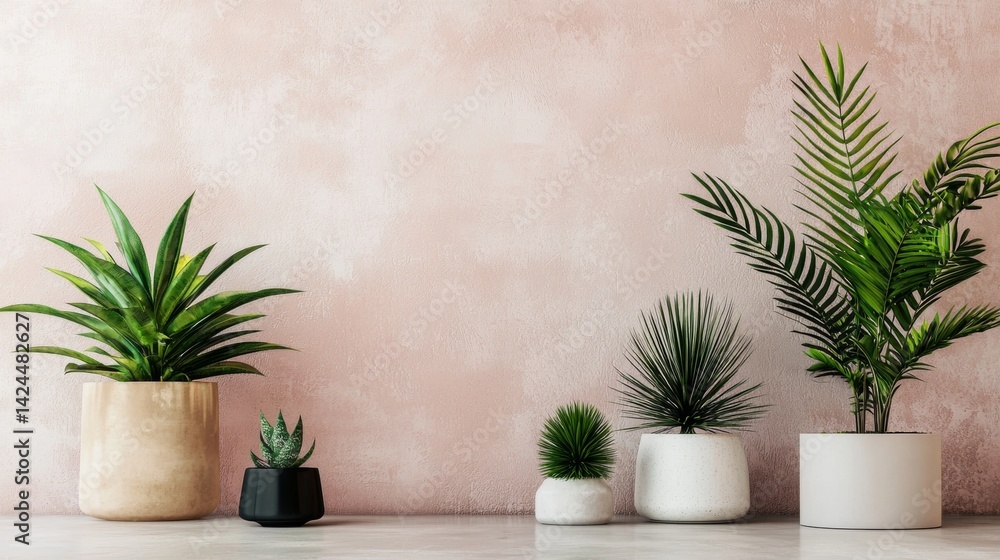 Minimal decor with potted plants against pastel wall Minimal decor with potted plants against pastel wall