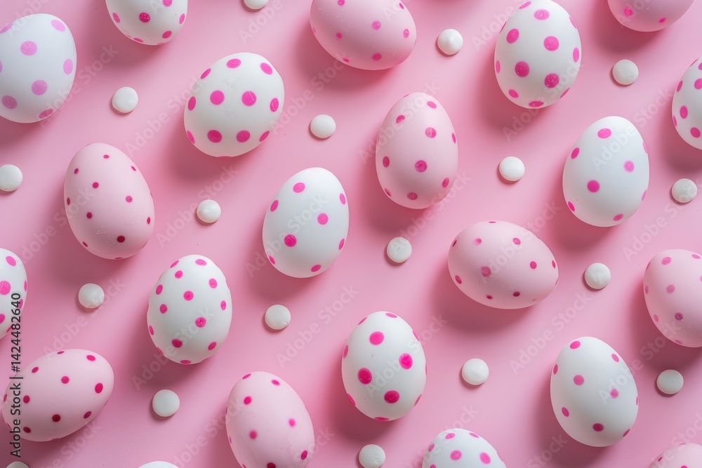 A row of eggs with white and pink paint on them A row of eggs with white and pink paint on them