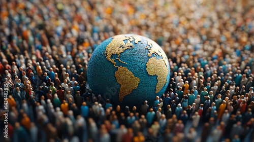 Fototapeta Naklejka Na Ścianę i Meble -  Miniature people surrounding globe representing global population and globalism