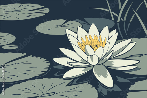 50 water lily, white petals, yellow center, dark water, lily pads, serene, botanical, close-up, high contrast, nature photography, zen, tranquil pond, elegant flora, aquatic plants, soft lighting, det