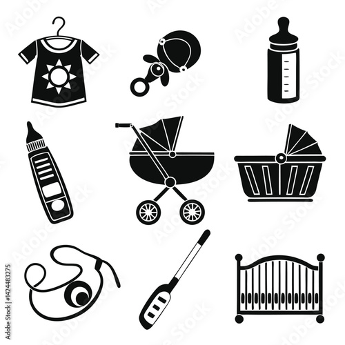 Baby Care Essentials Icons Set Black and White