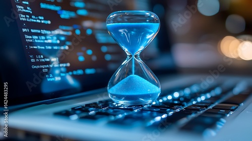 Blue Sand Hourglass on Desk with Laptop, A blue sand hourglass on a desk with a blurred laptop in the background