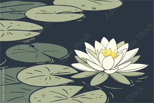 50 water lily, white petals, yellow center, dark water, lily pads, serene, botanical, close-up, high contrast, nature photography, zen, tranquil pond, elegant flora, aquatic plants, soft lighting, det