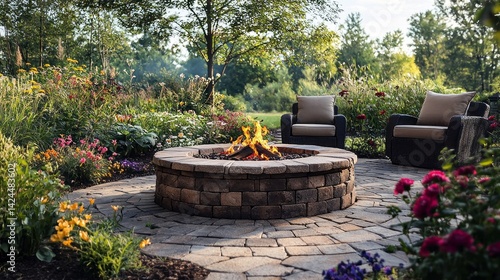 A fire pit surrounded by a garden with a brick wall and a stone patio