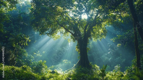 Wallpaper Mural A tree is in the middle of a forest with sunlight shining on it Torontodigital.ca